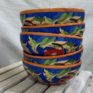Pfaltzgraff Blue Floral Ceramic Bowl - Orange Trim (Set of 5